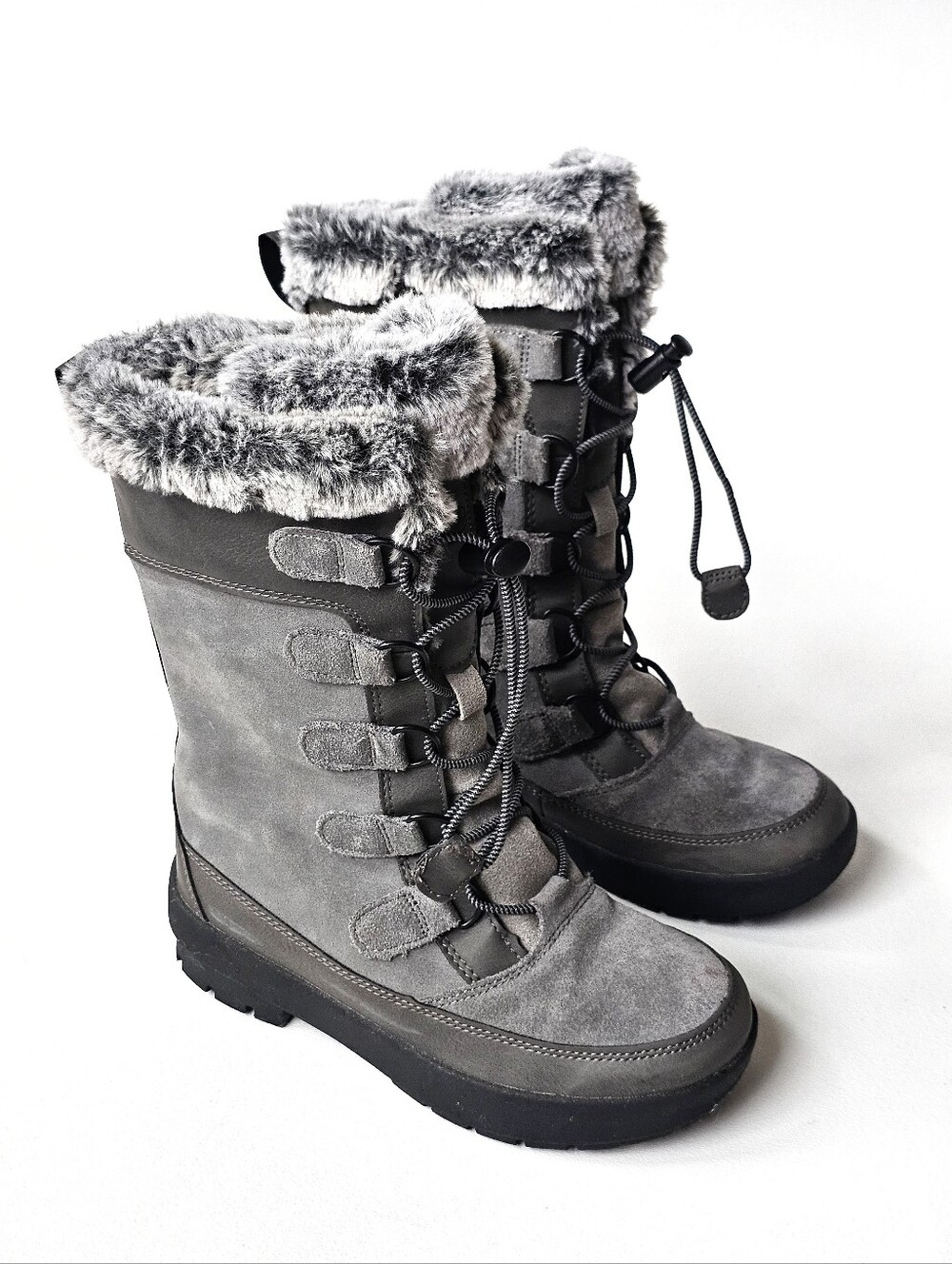 All In Motion Leather Upper Girls Gray Faux Fur Winter Snow Boots Size 1